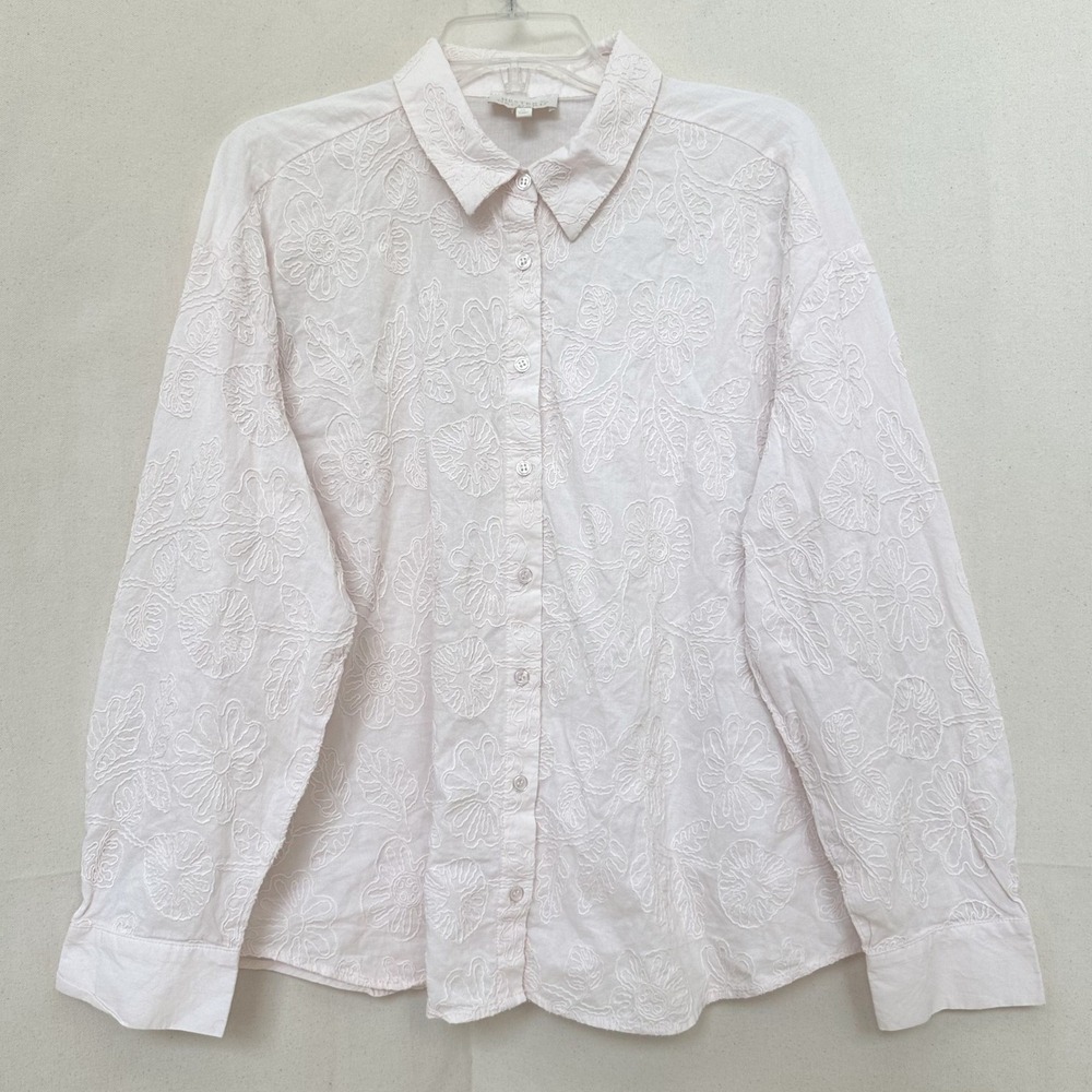 Hester & Orchard Boho Pale Pink Floral Embroidered Cotton Button Down Shirt XL